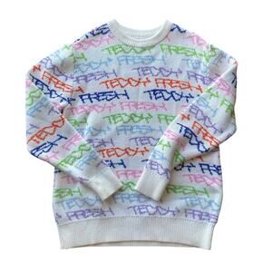 Teddy Fresh Size Medium White Multicolor Graffiti Logo Crew Neck Sweater